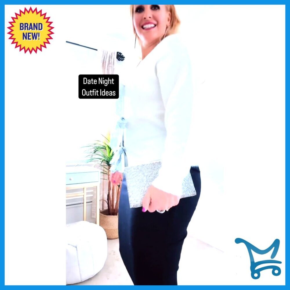 Oversized Knit Cardigan Open Front Sequin Bow V-Neck Reversible Chic Fall - Picture 6 of 7